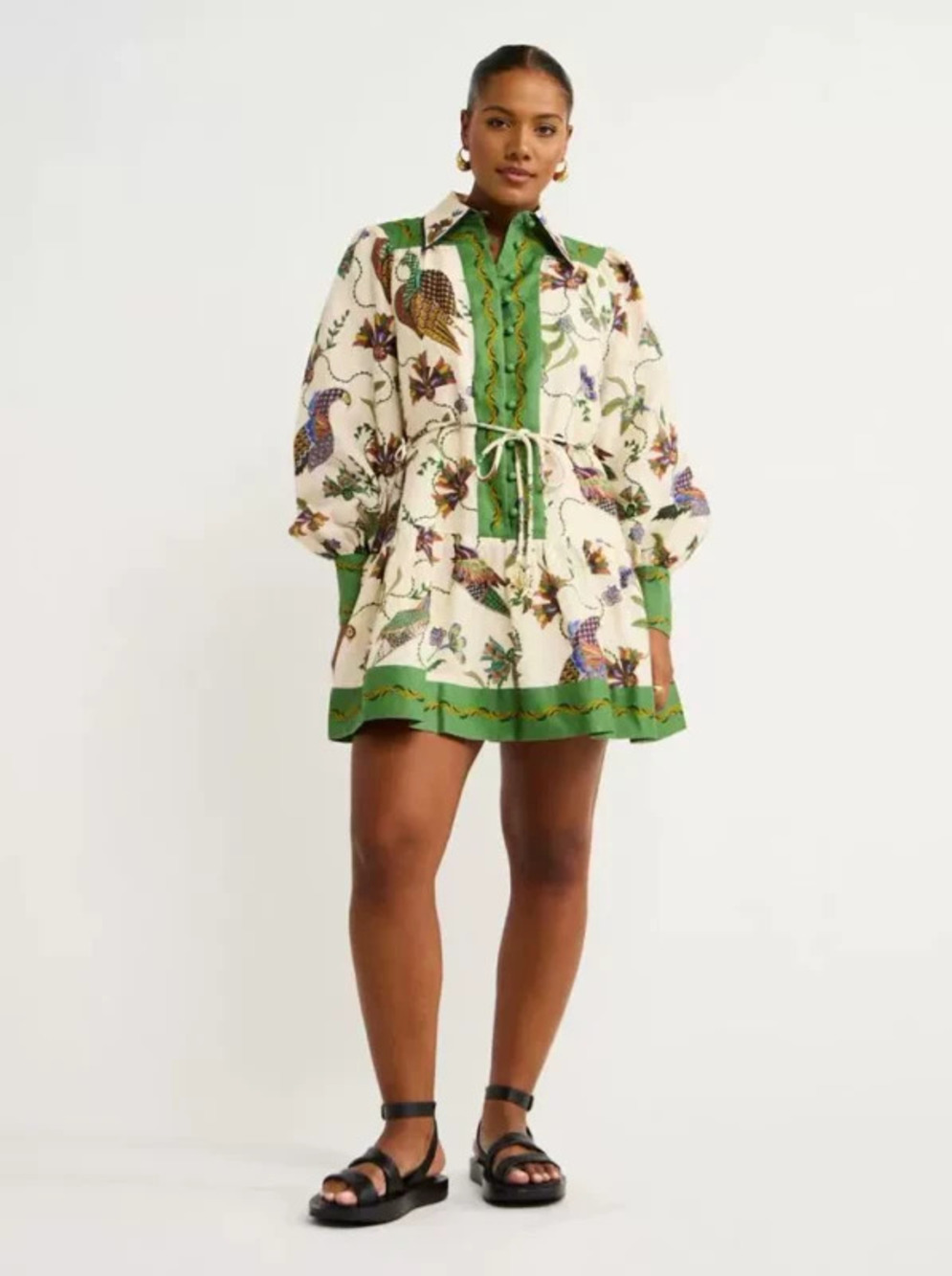 ZARA Single Breasted Long Lantern Sleeve Graffiti Print Tie Waist Dress